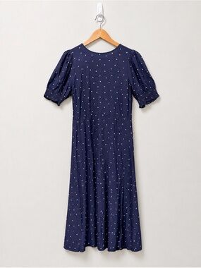 LOFT Navy Blue Heart Print Puff Sleeve Midi Dress Size 6